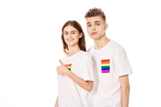 young couple lgbt Flag transgender lifestyle light background. High quality photo