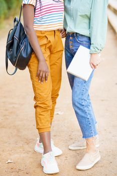 Two unrecognizable multiethnic girls posing together with colorful casual clothing outdoors.