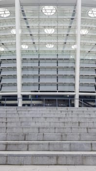 Stadium construction - NSC Olimpiyskiy in Kiev. Structural elements of the stadium with perforated facades. Ukraine, Kiev - October 18, 2020