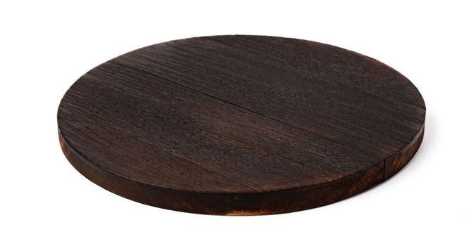 Dark wooden cutting board on white background, close up