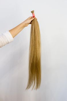 Famale hand holding a bundle of blonde natural remy human hair extensions over white background