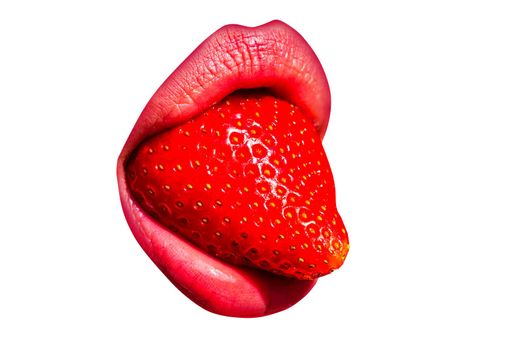 Strawberry tongue, erotica. Sexy woman mouth, passion lick and sensual suck. Summer fruits cocktail, temptation passion desire. Abstract art design, banner. Isolated on white background