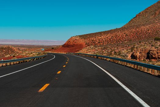 Route 66 in California. Barren scenery, Endless straight