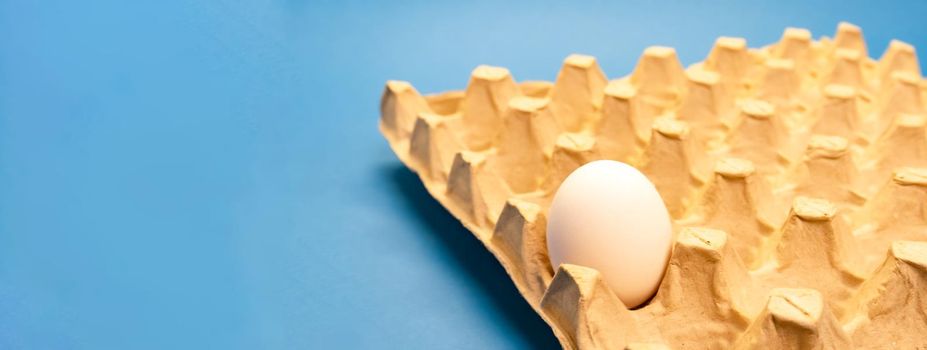 One white chicken egg in non recycable holder of the eggs on blue background. Eco and easter concept. Banner.