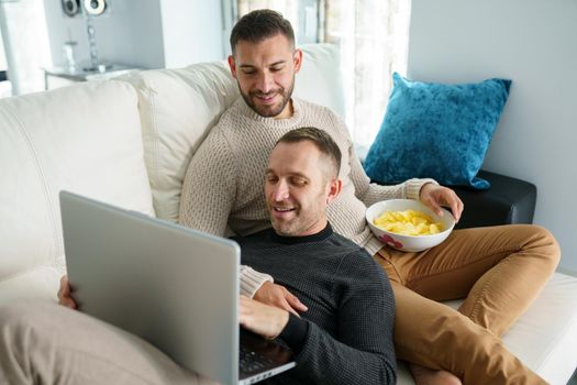 Gay couple consulting their travel plans together with a laptop. Homosexual Lifestyle concept.