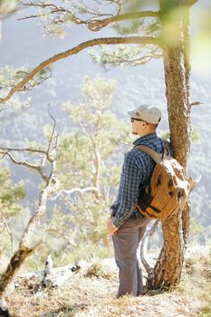 Backpacker young man standing near the tree and enjoying view of nature.