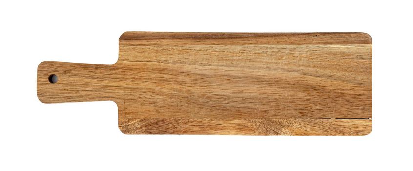 Wooden cutting board on a white background, close up