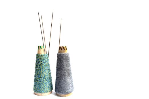Sock, thread, needles are on white background, isolated, knitting concept.