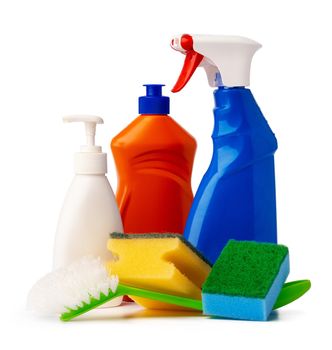 Sanitary household cleaning items isolated on white background, close up