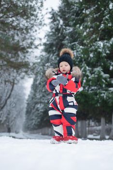 Kid walks outdoors and enjoy walking. Winter. Cute young boy. Child in winter clothes in park with snow. Child in winter hat. Snowy park