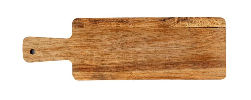 Wooden cutting board on a white background, close up