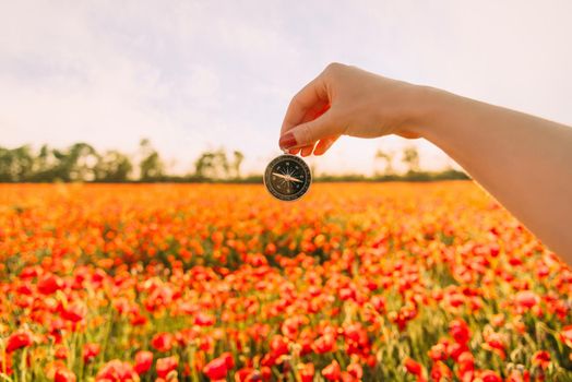 Woman’s hand with compass on background of red poppies meadow on sunny summer day, point of view.