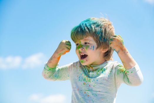 Portrait of cute Kids with painted hand and faces. Funny child