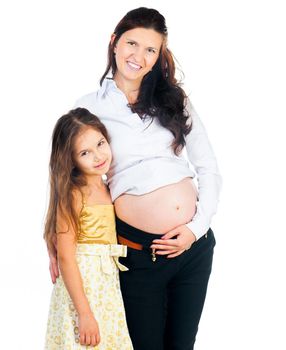 cute little girl and her pregnant mother isolated on white background