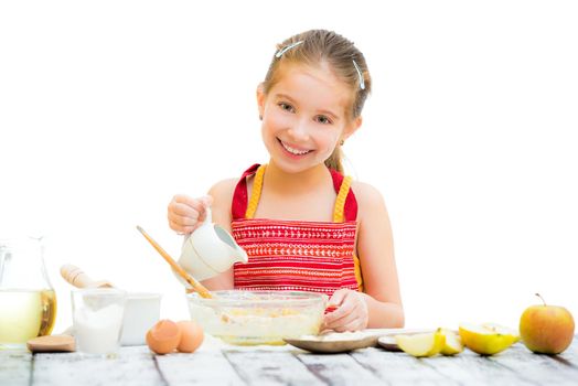 cute llittle girl cooking, on a white background