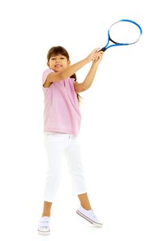 Happy playful girl smiling on the tennis court with a racket. Little girl with a tennis racket in a sports club. Active exercises for children. Training for a small child. The child learns to play. Isolated on white background.