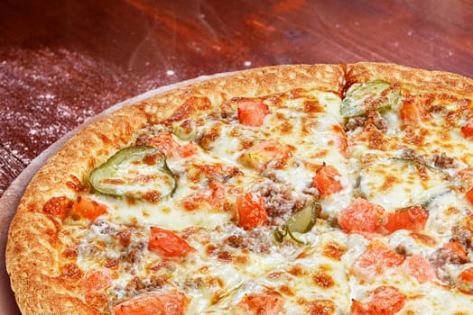 classic Italian pizza on a wooden tray, served in a small authentic Italian restaurant