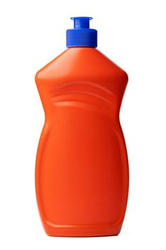 Orange plastic bottle of liquid detergent isolated on white background