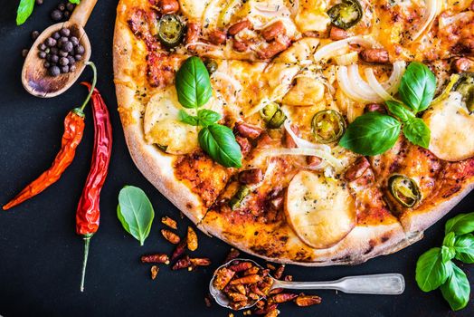 tasty pizza on a black background with spices and herbs