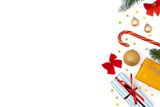 Top view of Christmas decorations composition on white background with copy space