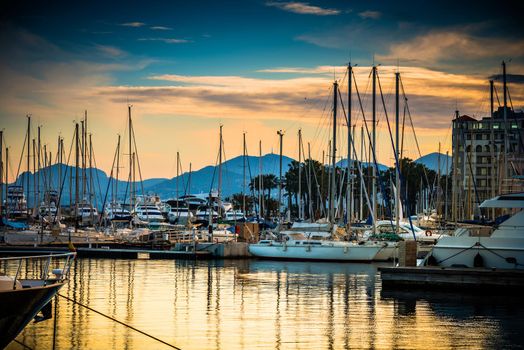 Beautiful marina view, sailboats and motorboats in port