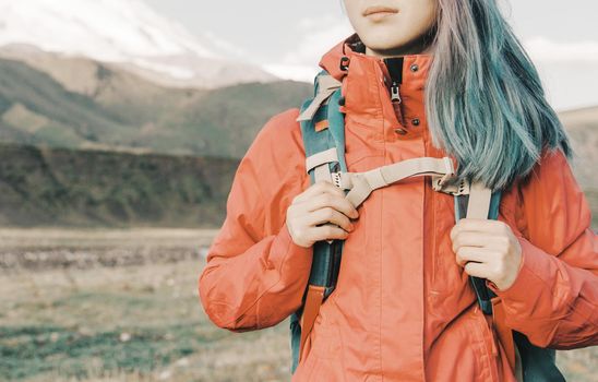 Hiker explorer young woman standing with backpack outdoor.