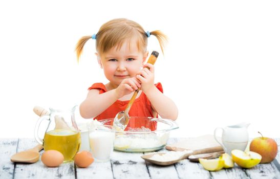 cute little baby girl baking, white background