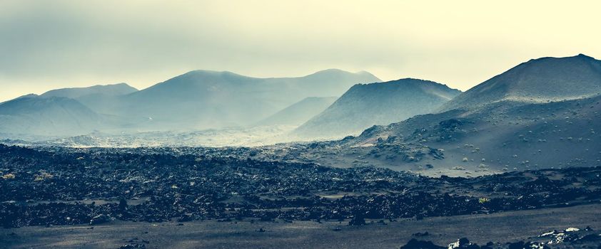 beautiful mountain landscape with volcanoes in Timanfaya National Park in Lanzarote, Canary Islands