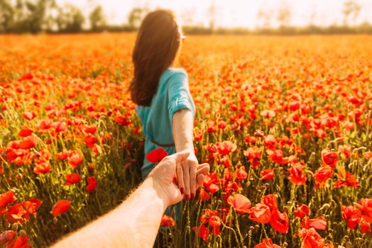 Brunette young woman holding man's hand and leading him in red poppies meadow on sunny summer day. Point of view shot.
