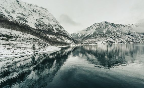 Beautiful mountain landscape with the Norwegian fjords in winter