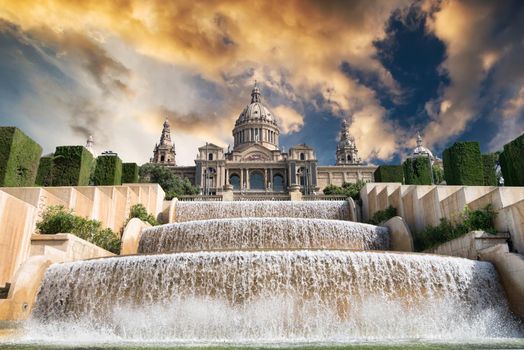 The Palau Nacional situated in Montjuic in sunset, Barcelona
