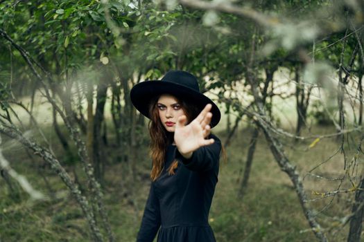 witch in the woods posing costume halloween gothic style. High quality photo