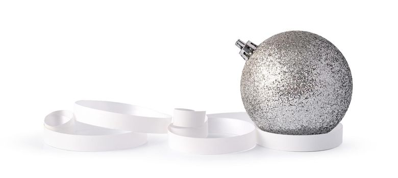 Silver sparkling Christmas baubles isolated on white background, close up