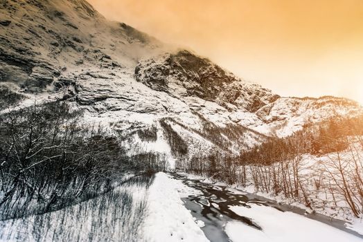 beautiful winter landscape with snow in the mountains of Norway