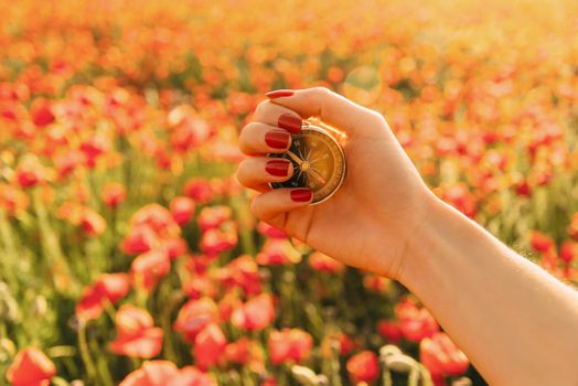 Female hand with travel compass on background of red poppies field in summer, point of view.