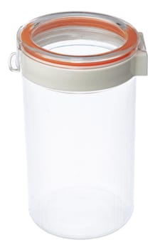 Empty plastic storage jar isolated on white background