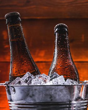 two bottles of beer in an ice bucket