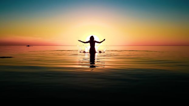 silhouette of a girl with raised hands in the water against the background of the sun disk during a colored sunset.