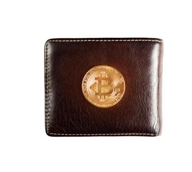 Symbol of virtual money - gold bitcoin on wallet on a white background.