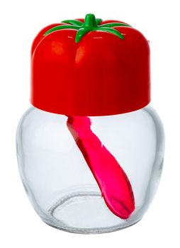 Empty salt shaker with tomato lid isolated on white background
