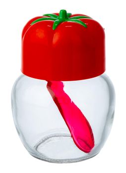 Empty salt shaker with tomato lid isolated on white background