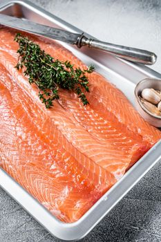 Raw uncooked sea salmon fillet fish in a kitchen tray with herbs. White background. Top view.