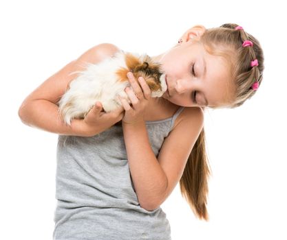 Cute little girl holding a guinea pig. Isolated on white background.