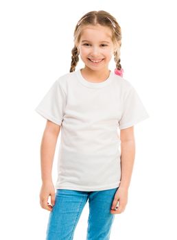 cute little girl in a white T-shirt and blue jeans on a white background