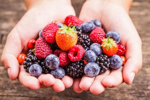 Summer wild berries in hands - raspberry, strawberry, blackberry and blueberry