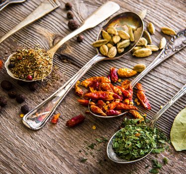 seasonings and spices in the spoons on a brown wooden table