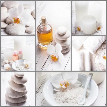 Sea salt, rebbles with orchids, essential oil and white towels, spa concept collage