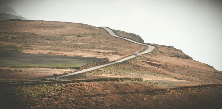 beautiful landscape with mountain road in Lanzarote, Canary Islands