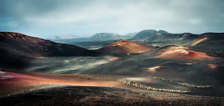 beautiful mountain landscape with volcanoes in Timanfaya National Park in Lanzarote, Canary Islands