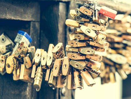 hundreds locks on lover bridge as a traditional symbol of eternal feeling